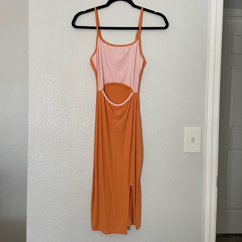Spaghetti Strap Cutout Side Slit Ribbed Bodycon Midi Dress. Small.